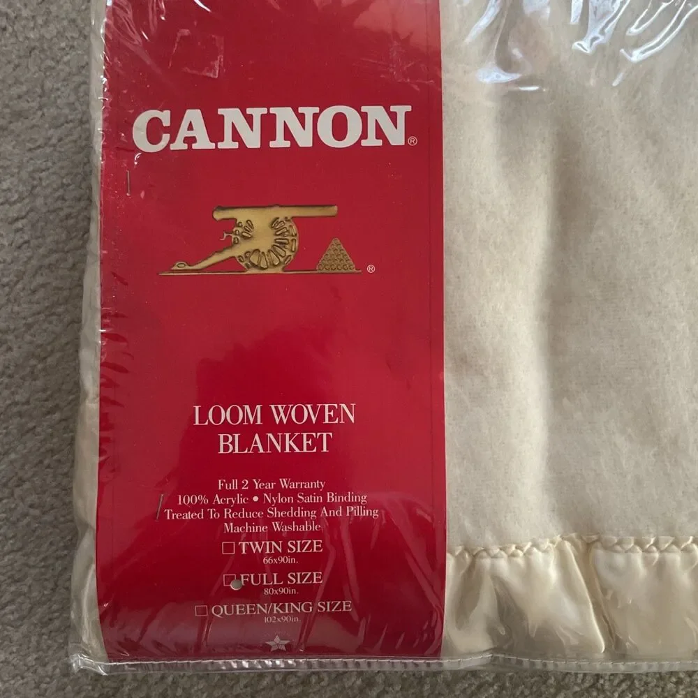 Vintage Cannon Loom Woven Acrylic Blanket Full 80x90in Satin Trim Cream USA New